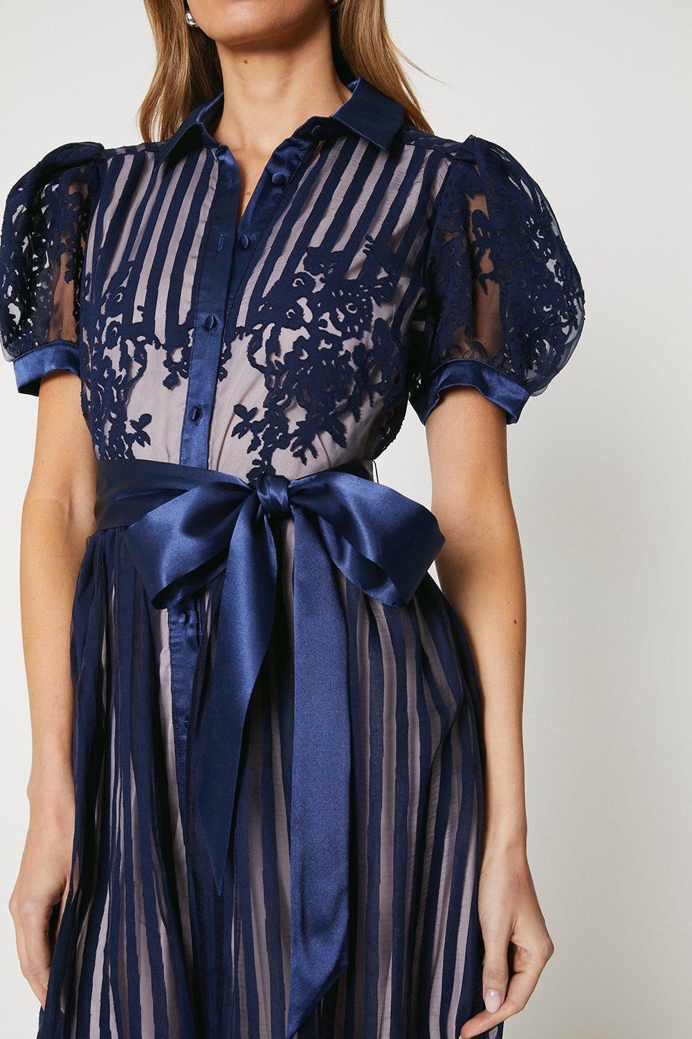 Coast Placement Stripe Organza Puff Sleeve Shirt Dress Navy image 2