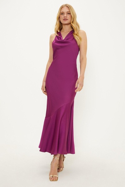 Oasis Satin Asymmetric Cowl Neck Midi Dress Purple