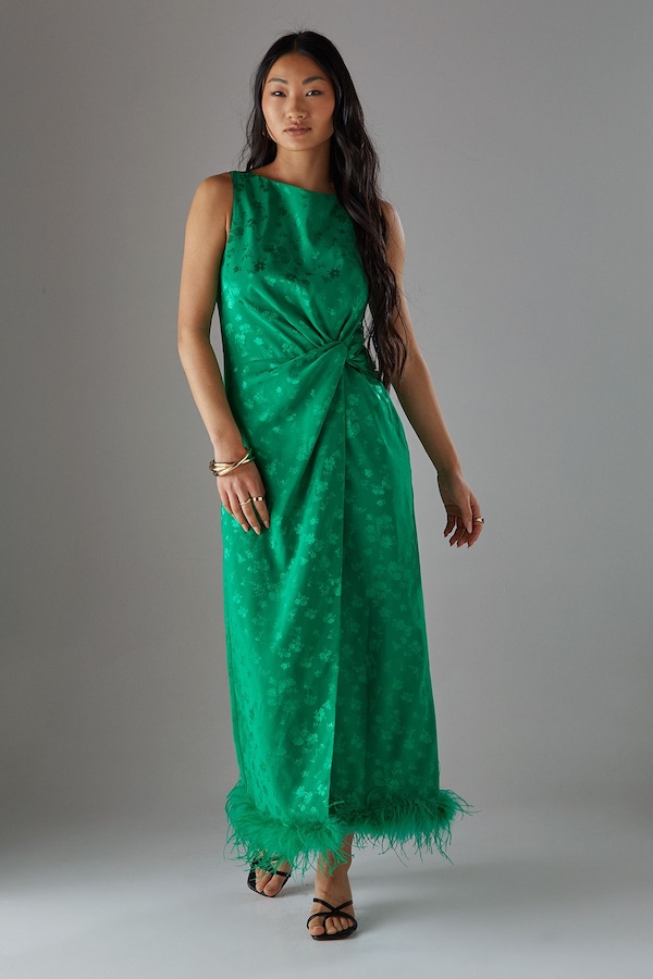 Warehouse Petite Satin Jacquard Feather Twist Front Cowl Back Midi Dress Green