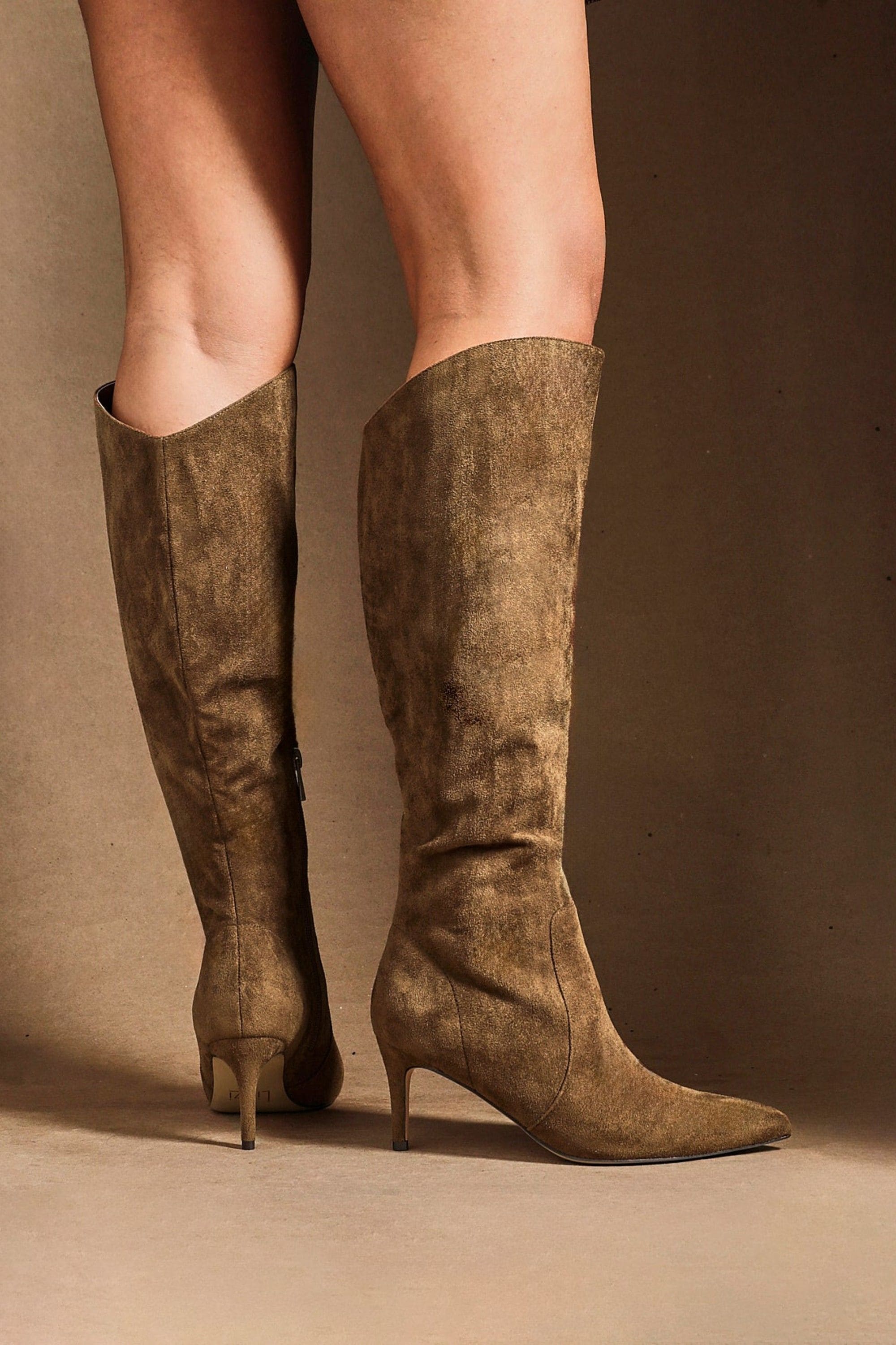 Linzi Ambition Sand Faux Suede Assymetric High Leg Stiletto Boot image 6