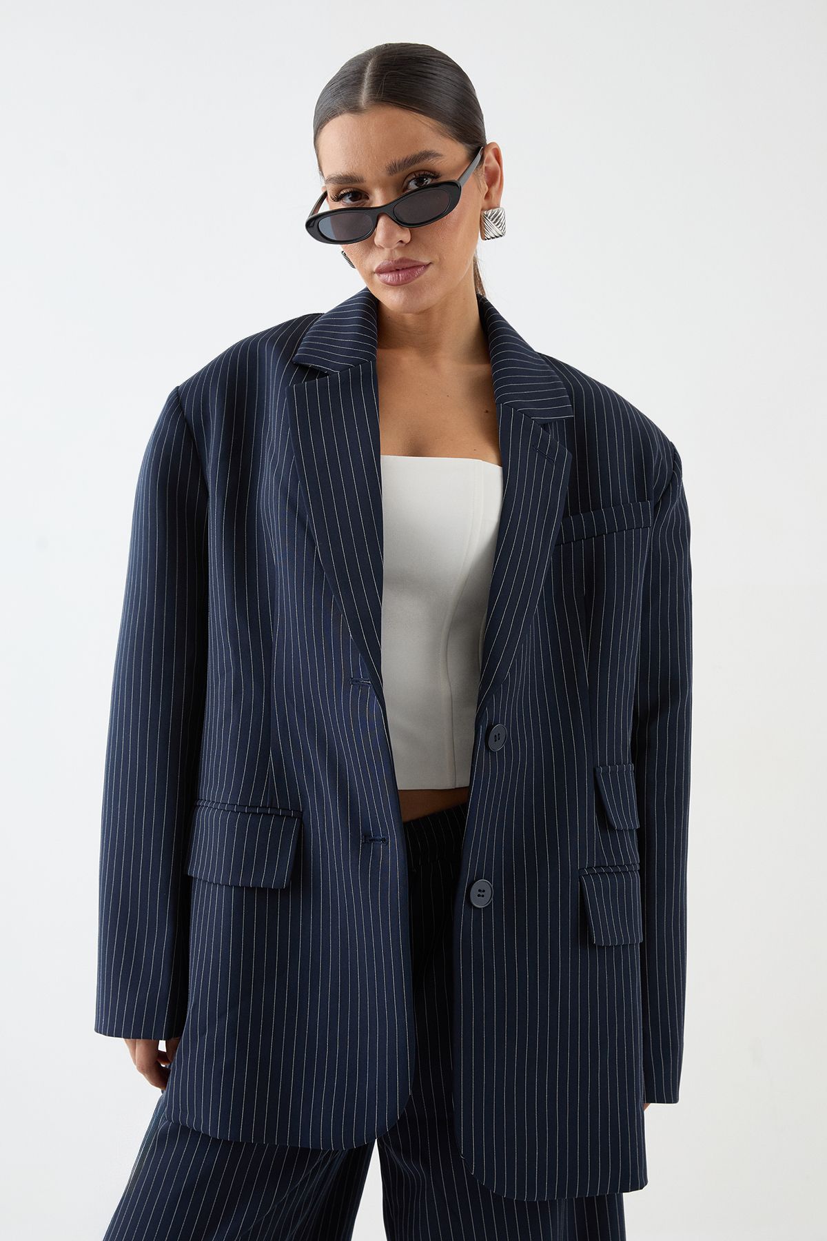 MissPap Premium Pinstripe Oversized Blazer Navy image 1
