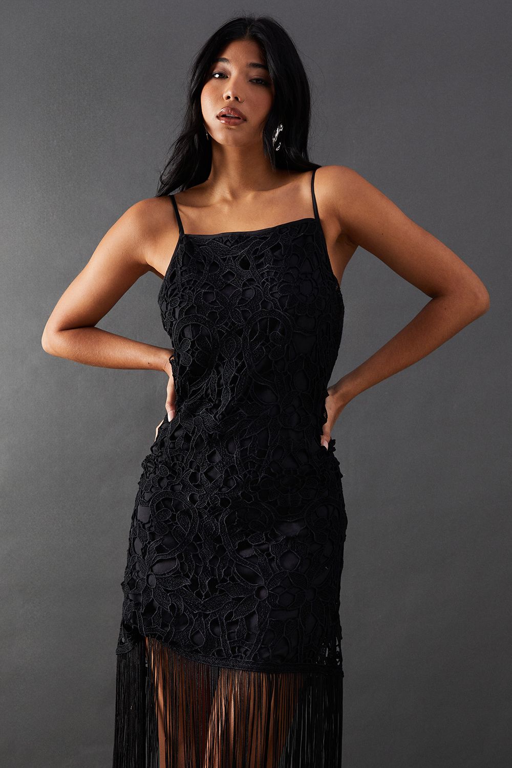 Warehouse Corded Lace Strappy Fringe Hem Mini Dress Black image 4