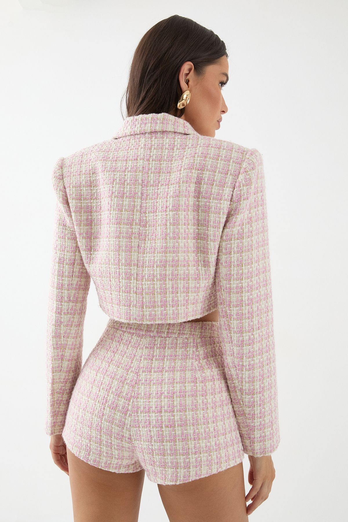 MissPap Premium Boucle Cropped Double Breasted Blazer Pink image 3