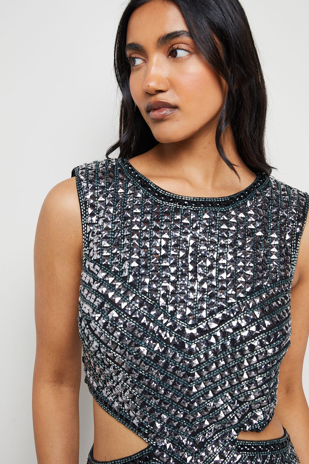Warehouse Stud Embellished Sequin Cut Out Mini Dress Black image 4
