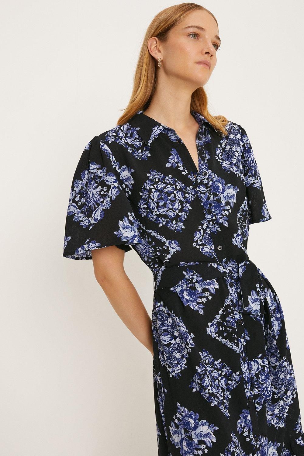 Oasis Floral Angel Sleeve Belted Shirt Dress Blue image 4