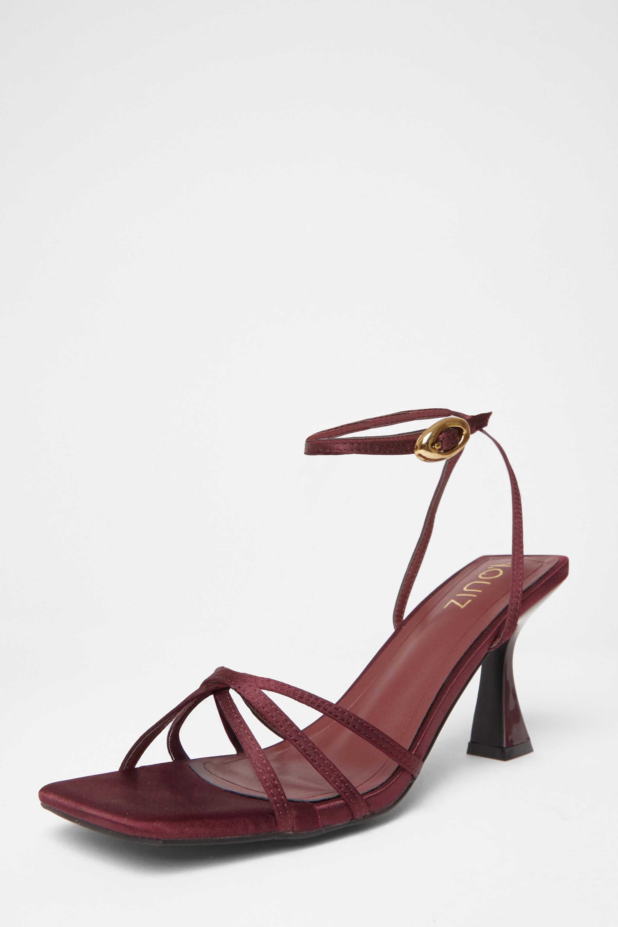 Quiz Burgundy Satin Strappy Flared Heels image 1