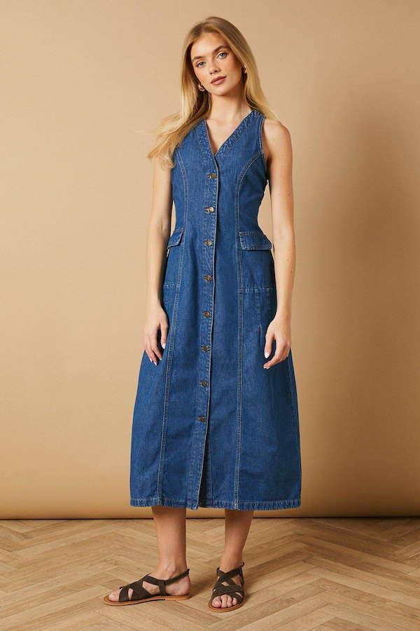 Oasis Flap Pocket Drop Waist Seam Midi Dress Dark Wash