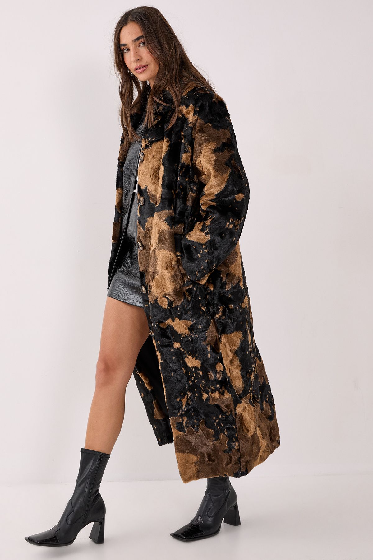 NastyGal Cow Print Faux Fur Longline Coat Brown image 3
