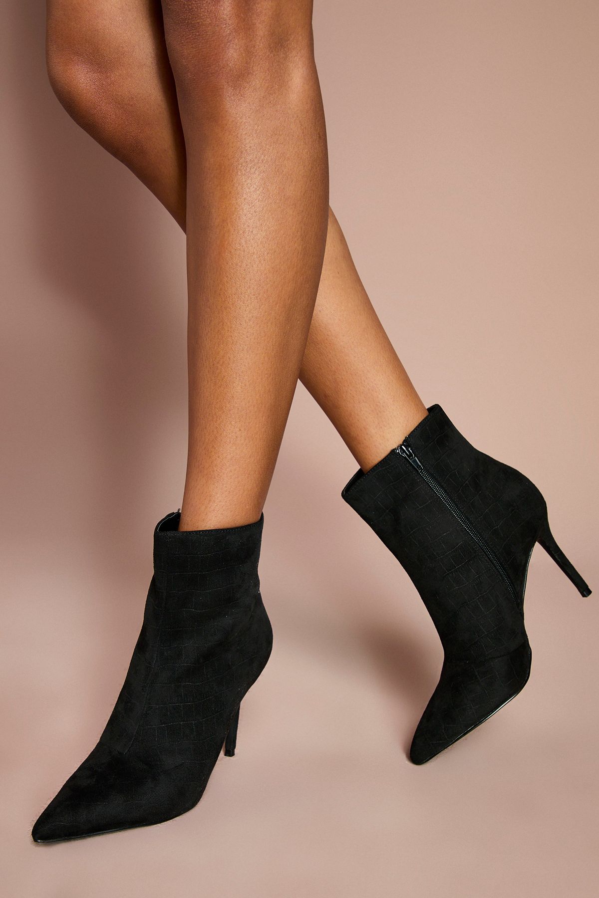 Coast Harper Faux Croc Embossed Suede High Stiletto Ankle Boots Natural Black image 1