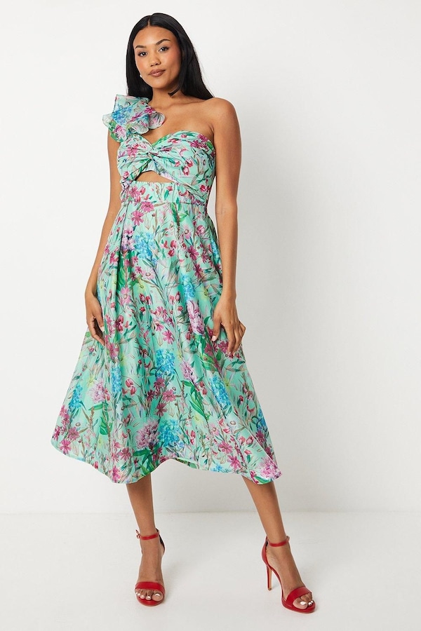 Coast Printed Organza One Shoulder Twist Front Midi Dress Green