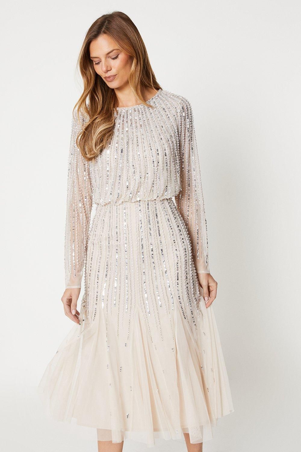 Coast Party Sequin Long Sleeve Midi Dress Champagne image 4