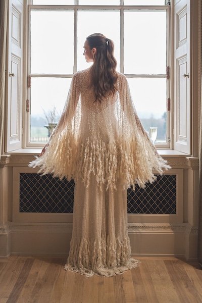 Coast Embellished Feather Trim Cape Maxi Wedding Dress Ecru