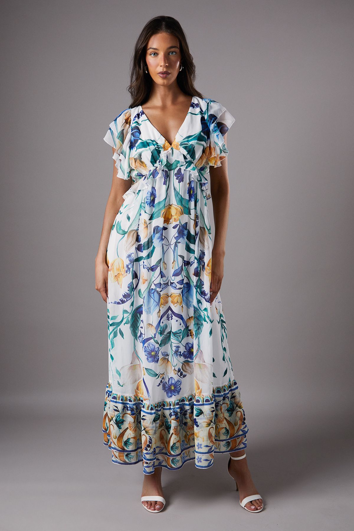 Coast Sleeveless Chiffon Maxi Dress With Pleat Detail And Frill Sleeve White image 1