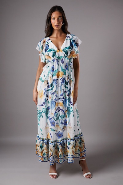 Coast Sleeveless Chiffon Maxi Dress With Pleat Detail And Frill Sleeve White