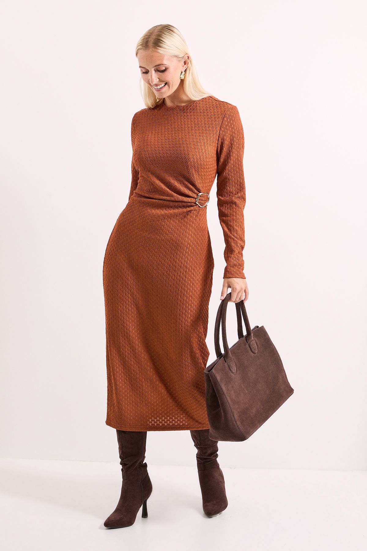 Principles Buckle Twist Front Crinkle Jersey Midi Dress Ginger image 1