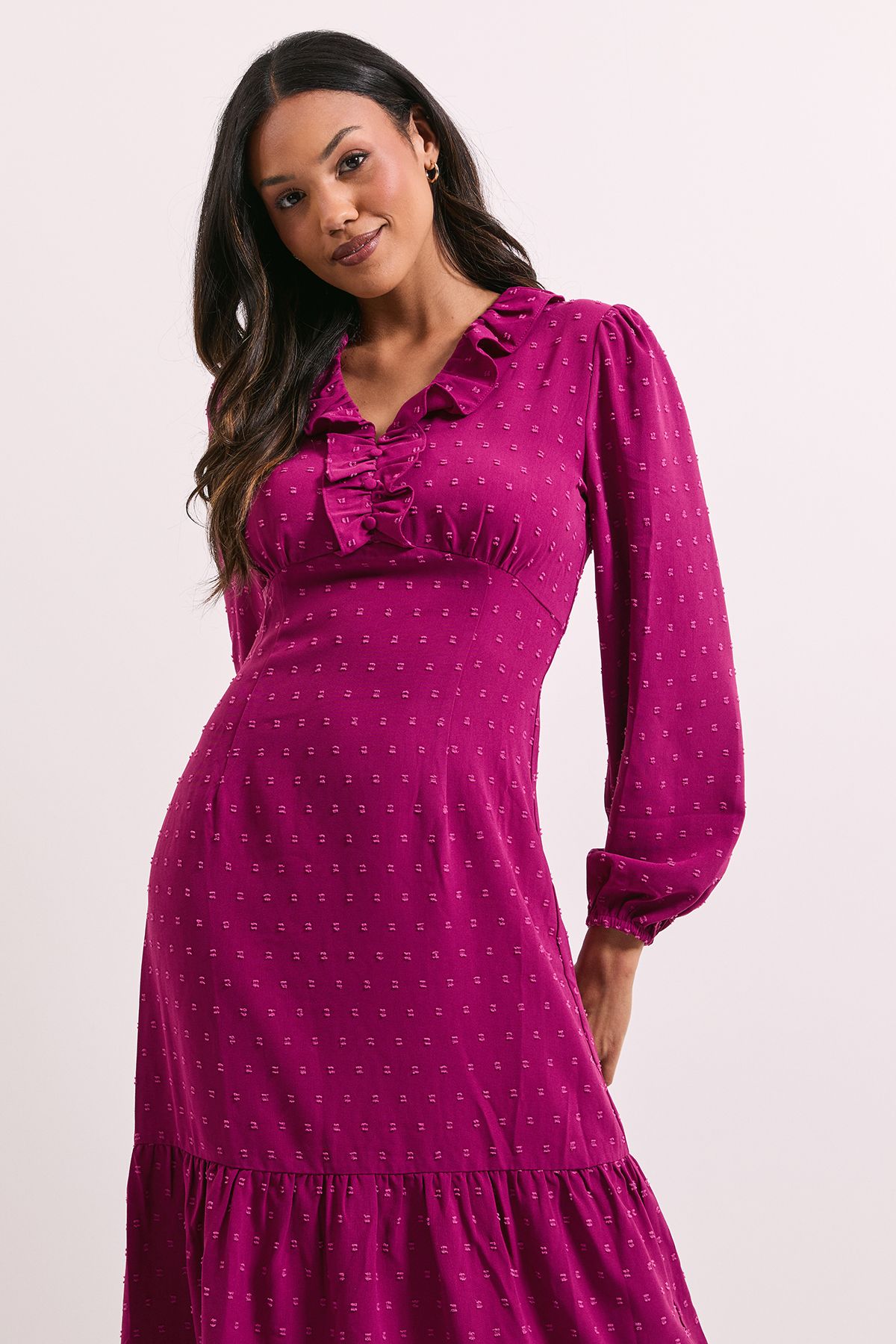 Dorothy Perkins Frill Sleeve Ruched Bodice Chiffon Midi Dress Berry image 4