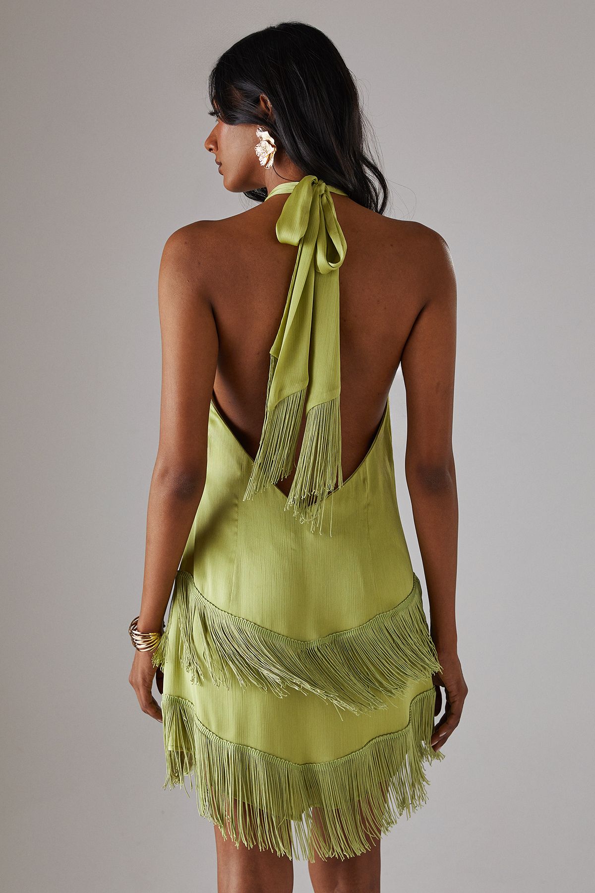 Warehouse Hen Satin Crinkle Fringe Knot Halter Mini Dress Olive image 3