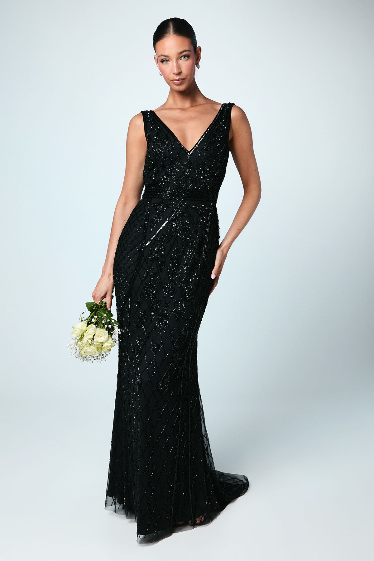 Coast Plunge Floral Embellished Bridesmaid Dress Black image 1