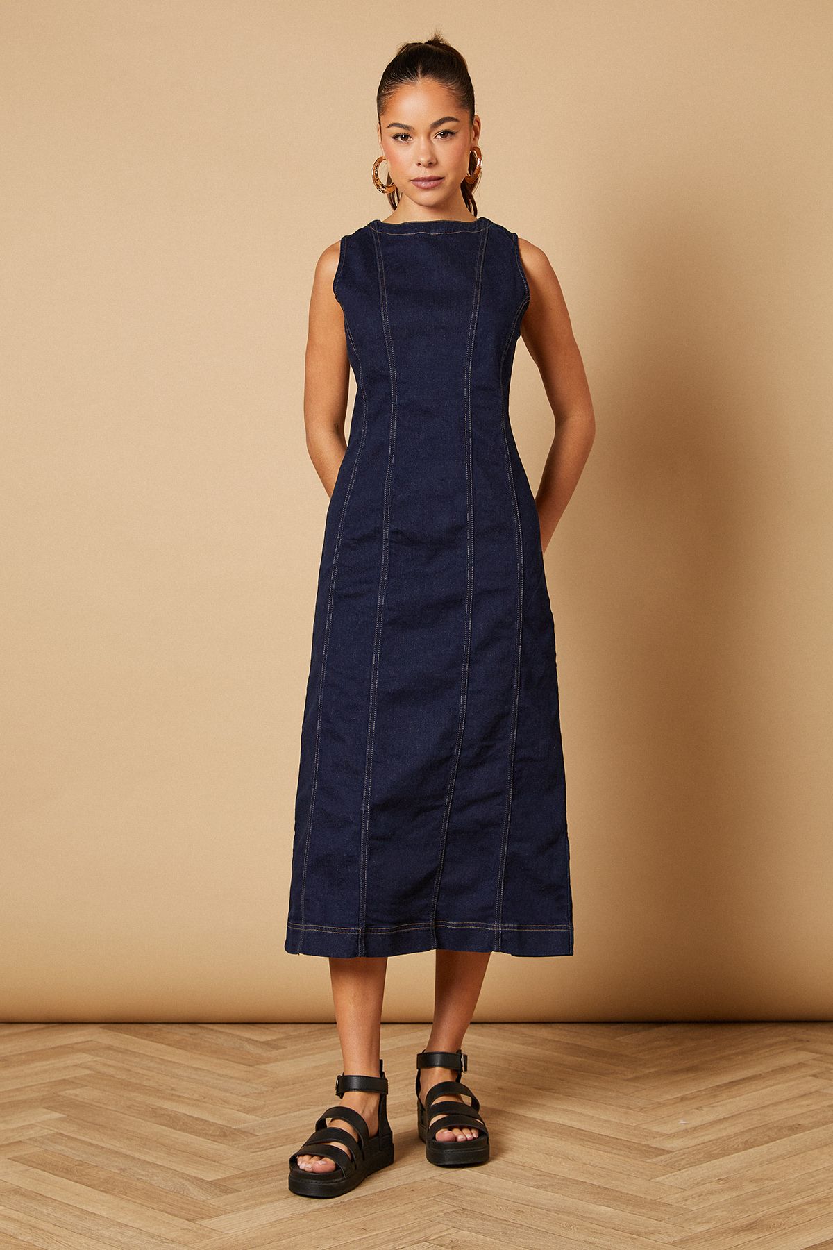 Oasis (SM) Sleeveless Denim Maxi Dress With Seam Detail Indigo