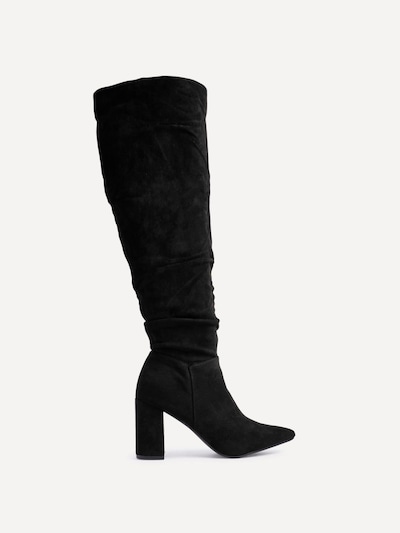 Linzi Bonnie Black Suede Block Heel Knee High Ruched Boot