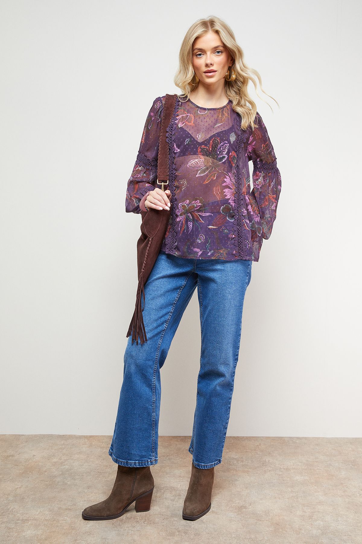 Oasis Printed Lace Detail Dobby Chiffon Blouse Multi