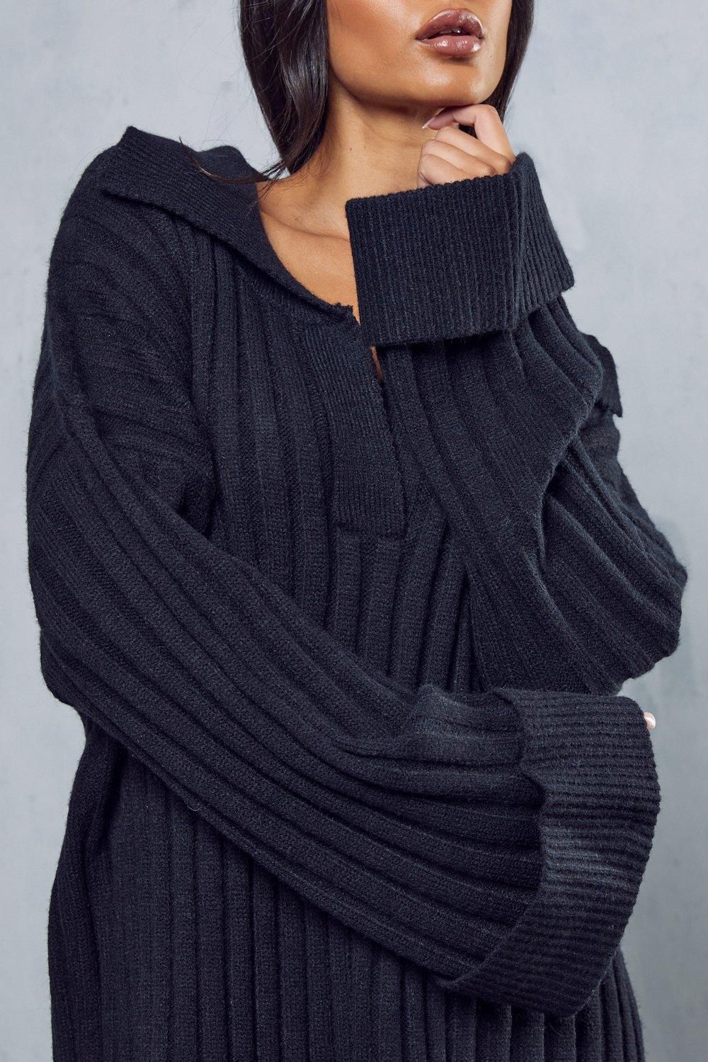 MissPap Rib Knit V Neck Collared Mini Dress Black image 2