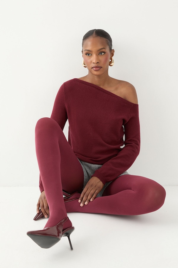 MissPap Knitted Asymmetric Neckline Top Wine