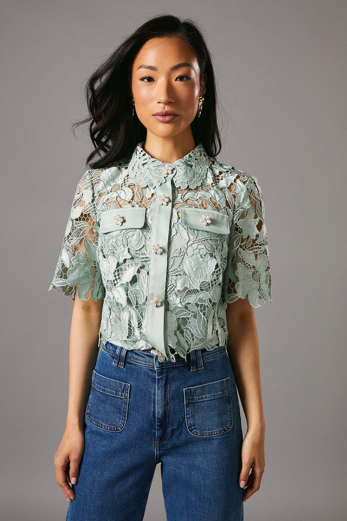 Coast Lace Pearl Button Shirt Sage image 1