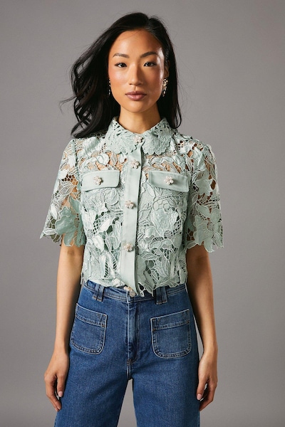 Coast Lace Pearl Button Shirt Sage