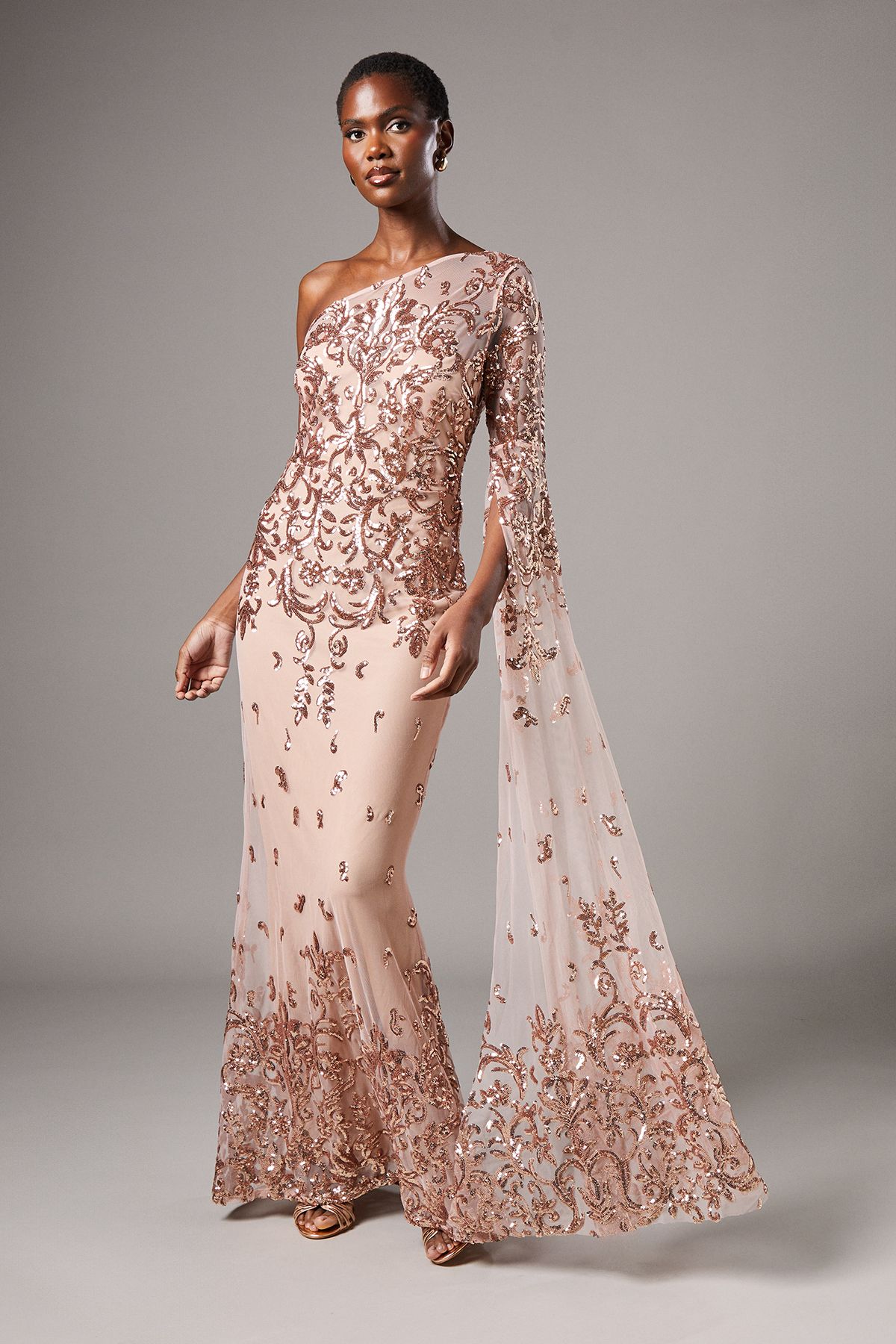 Coast One Shoulder Maxi Dress In Lace With Cape Sleeve Champagne image 1