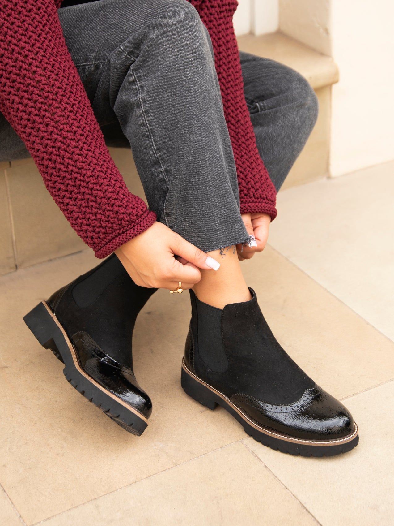 Linzi Cleo Black Patent & Suede Brogue Style Chelsea Boot image 6