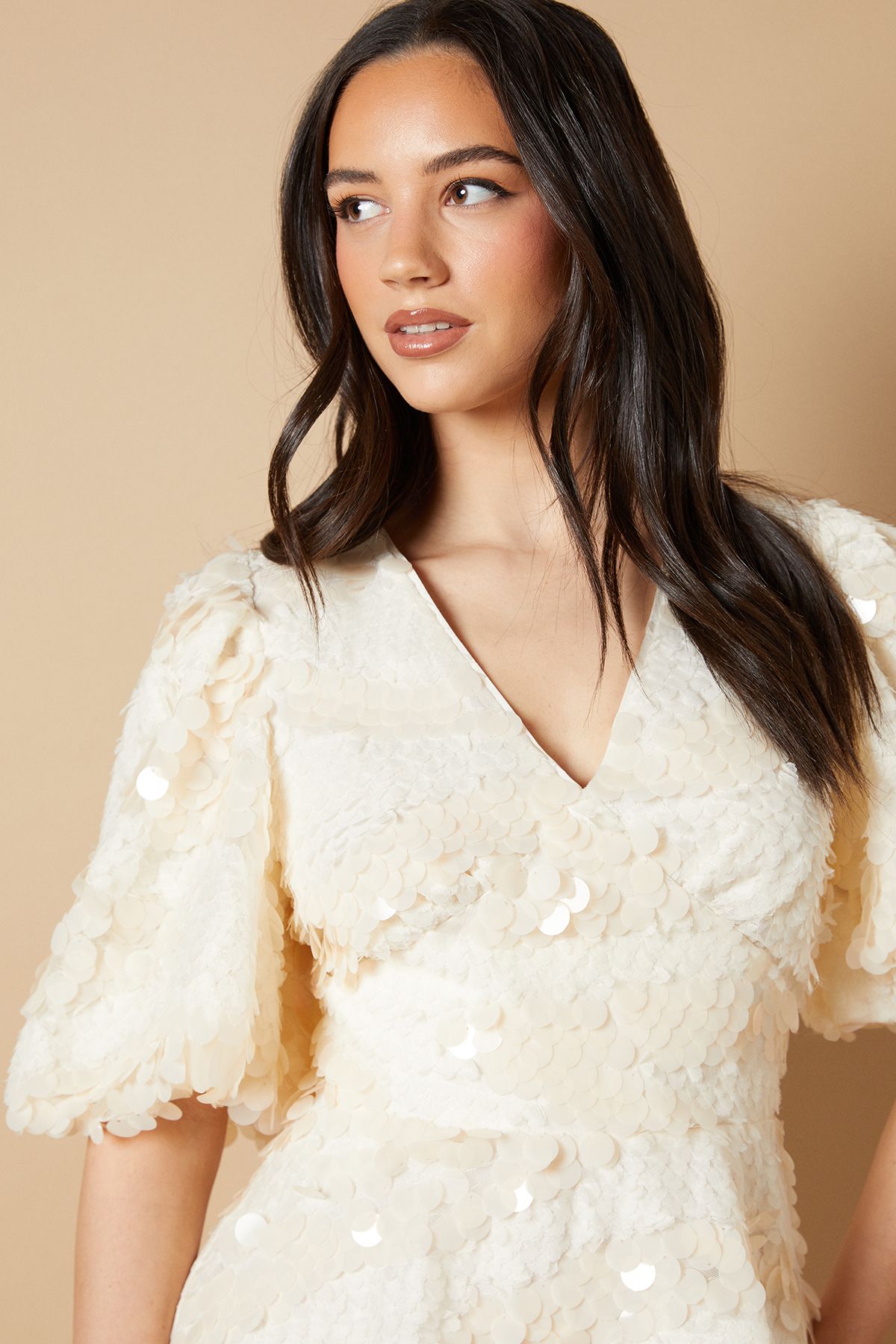 Oasis Flared Sleeve Disc Sequin Mini Dress Ivory image 3