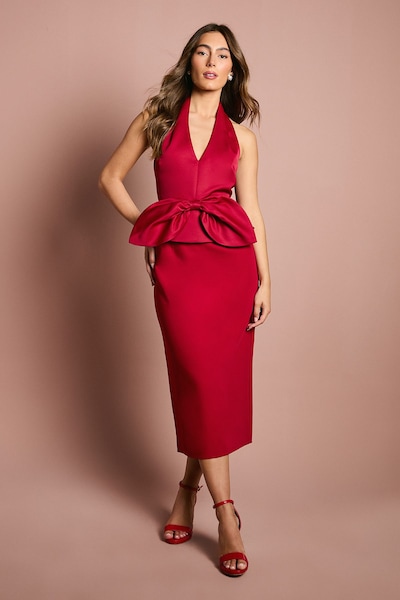 Coast Halter Neck Structured Satin Column Midi Dress Red