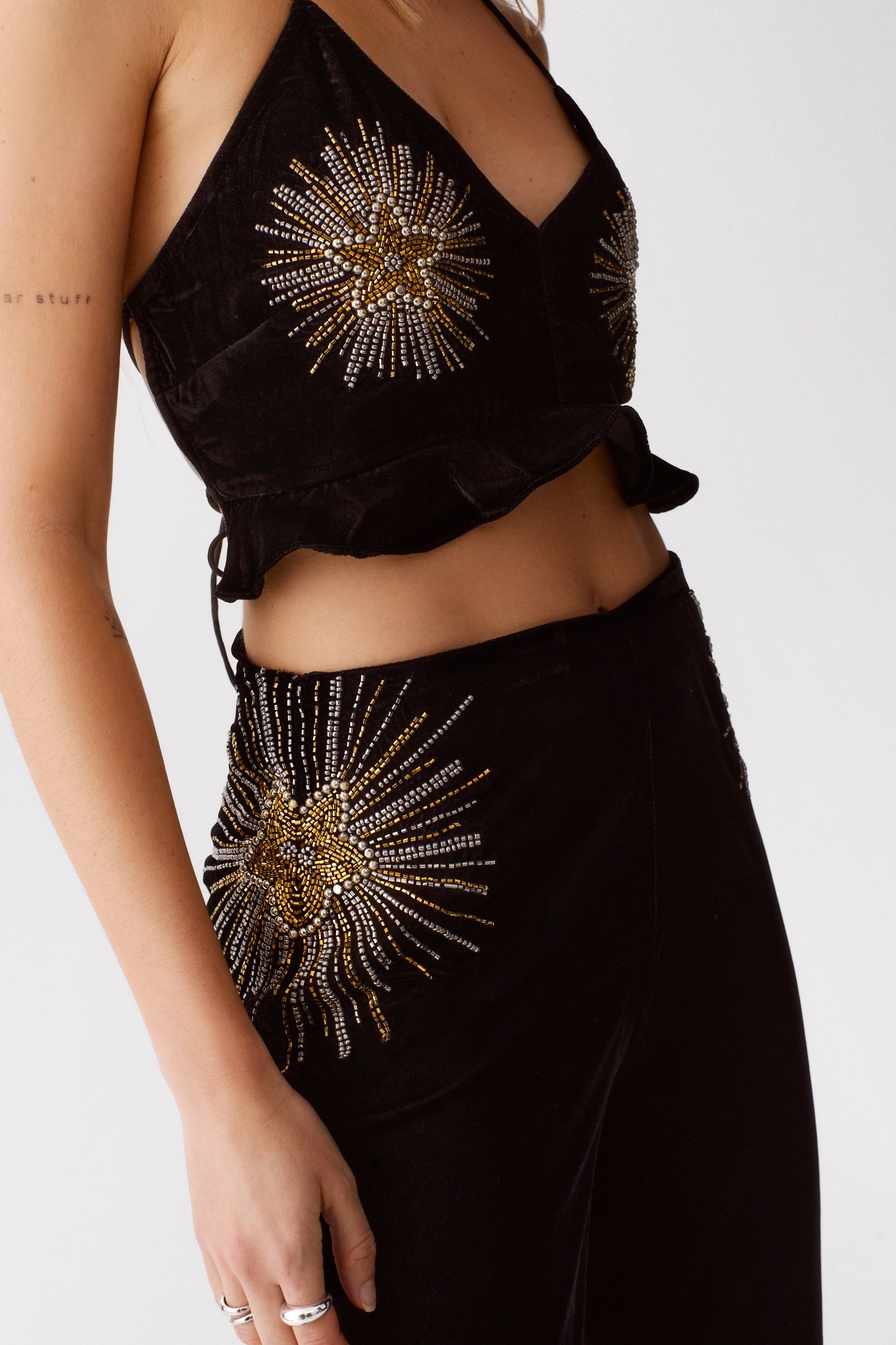 NastyGal Star Embellished Velvet Flared Pants Black image 5