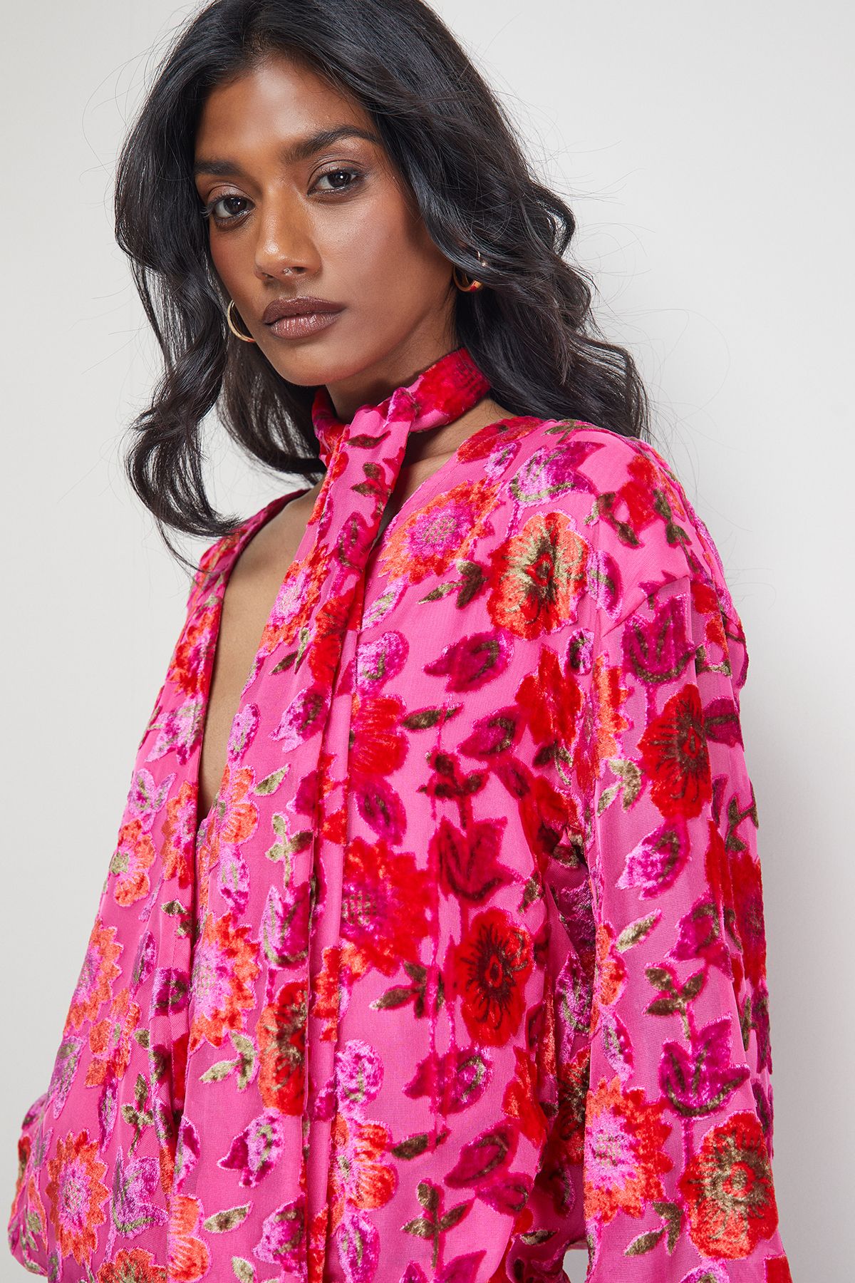 Warehouse Devore High Neck Wrap Front Blouse Pink image 4