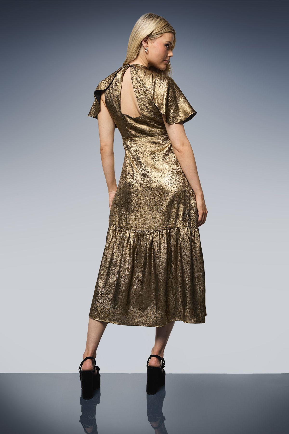 Dorothy Perkins DP Luxe Cape Sleeve Metallic Satin Midaxi Dress Gold image 3