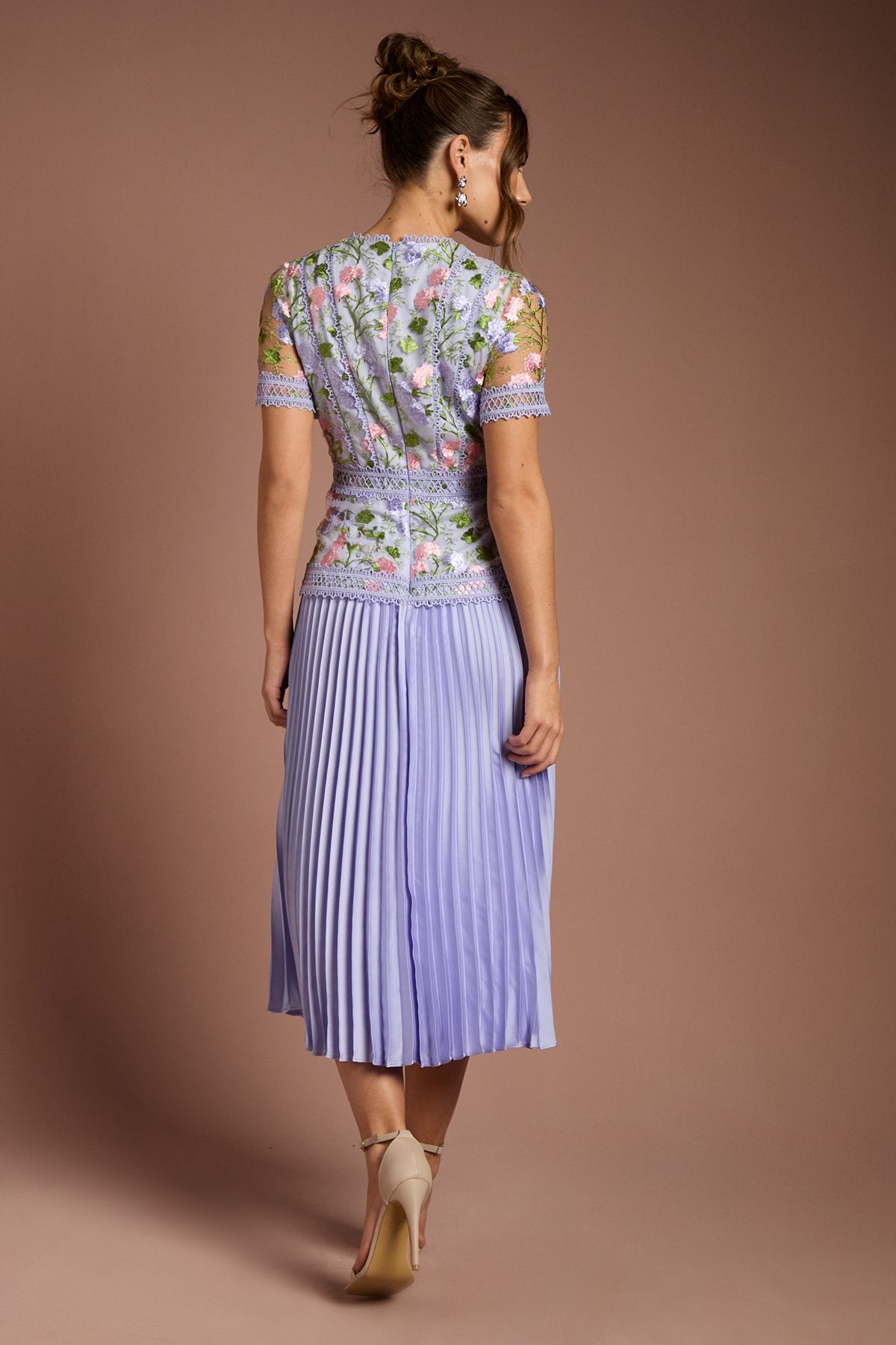 Coast Short Sleeve Embroidered Pleated Skirt Midi Dress Lilac image 3