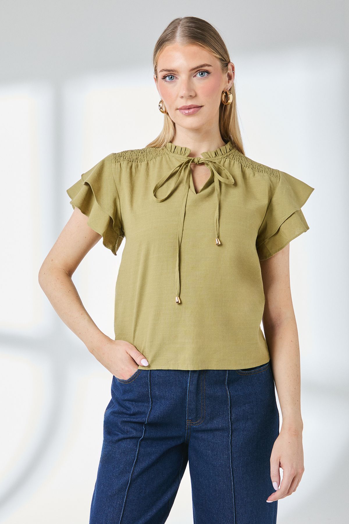 Principles Bubble Hem Flute Sleeve Top Olive image 2