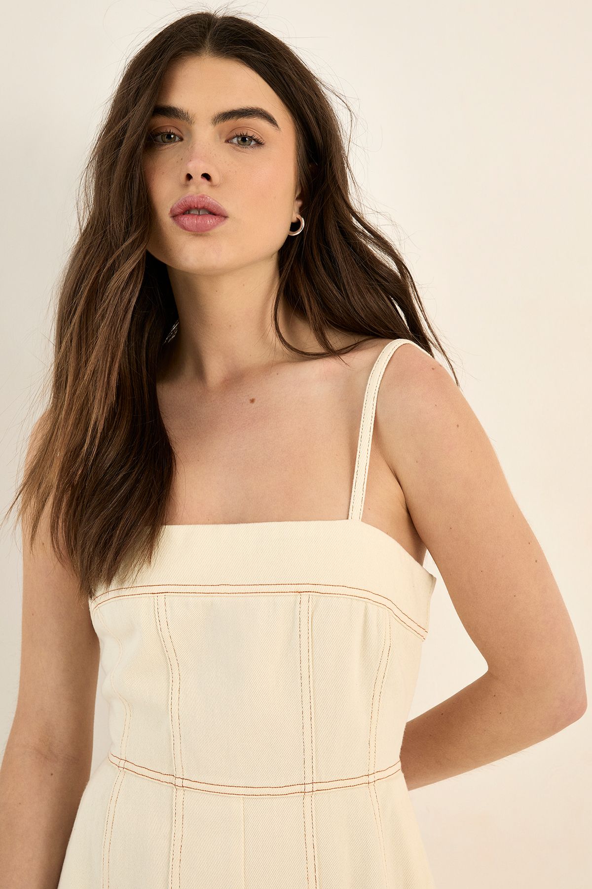 NastyGal Strappy Seam Detail Wide Leg Denim Jumpsuit Ecru image 3