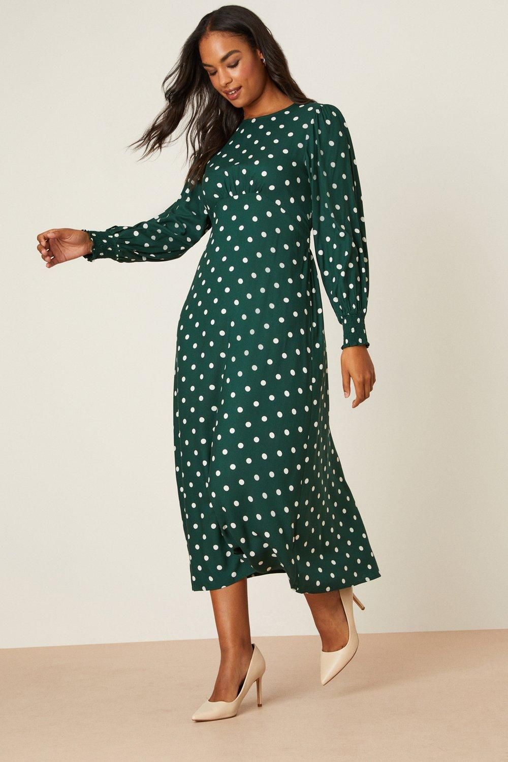 Dorothy Perkins Green Spot Long Sleeve Shirred Cuff Midi Dress Green image 2