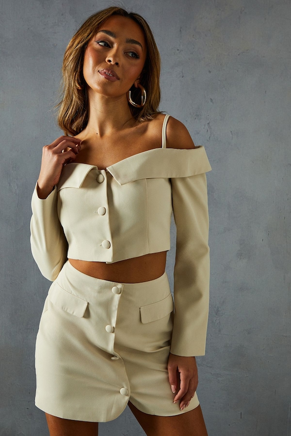 MissPap Tailored Bardot Button Down Top Stone