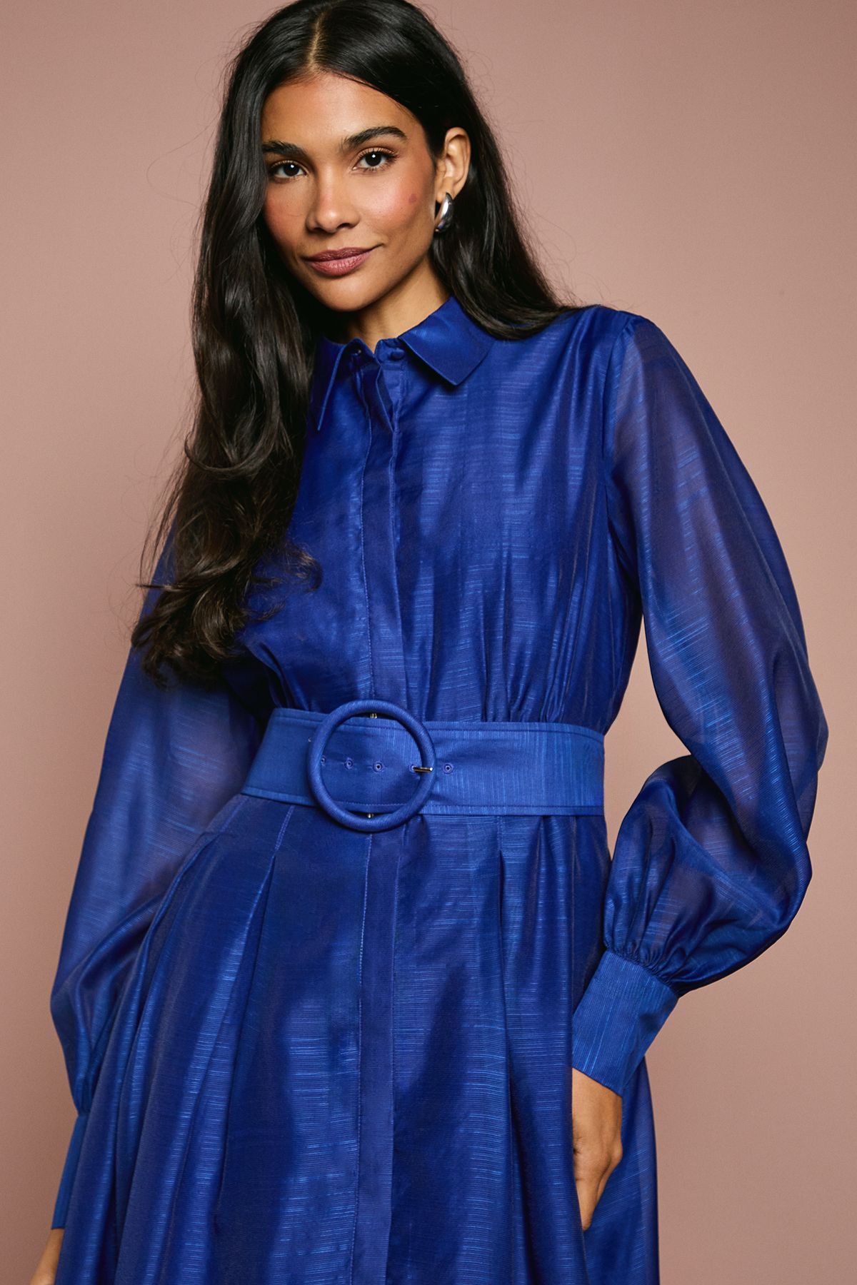 Coast Organza Long Sleeve Midi Shirt Dress With Belt Blue image 2