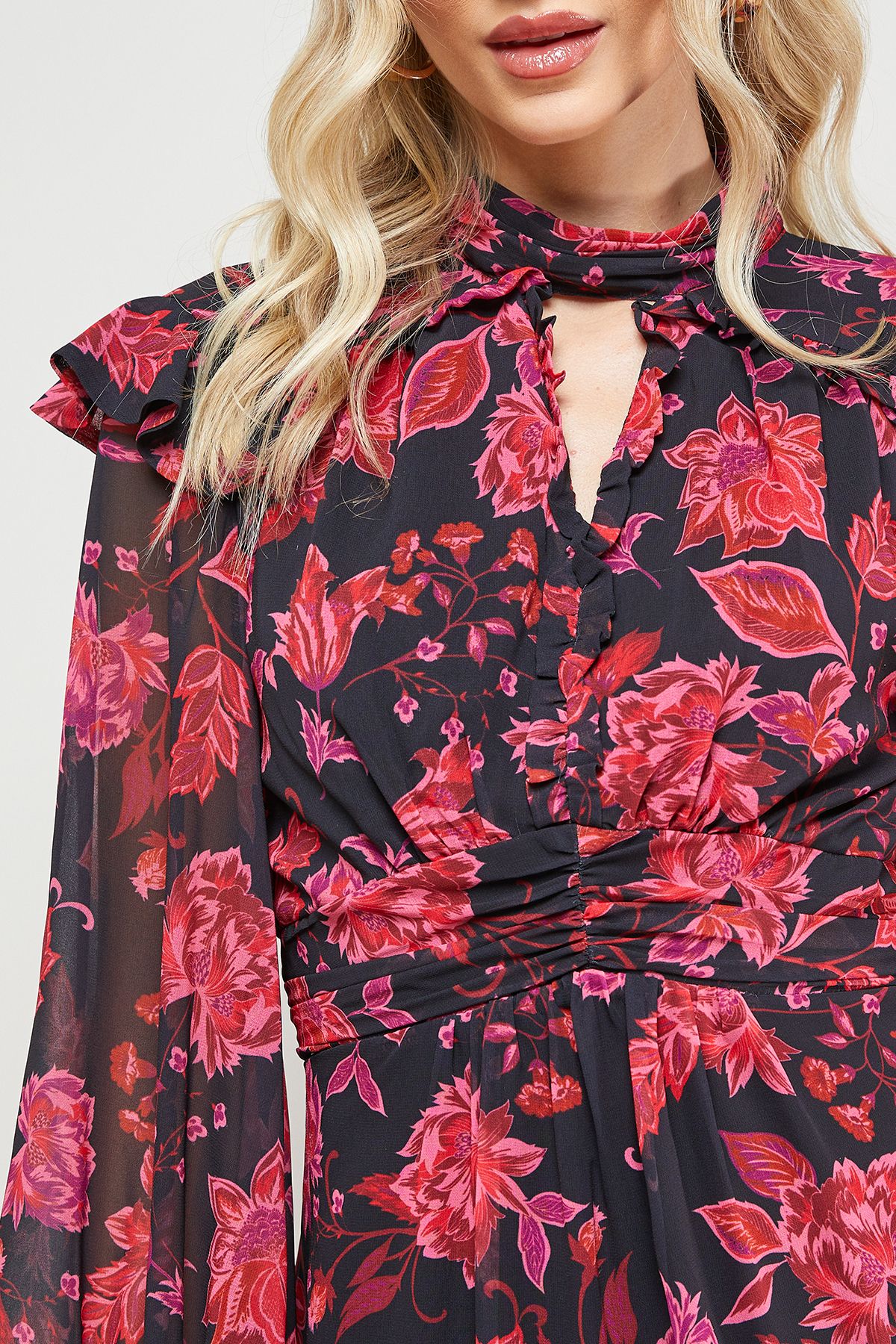 Oasis Printed Ruched High Neck Mini Fit And Flare Dress Floral image 4