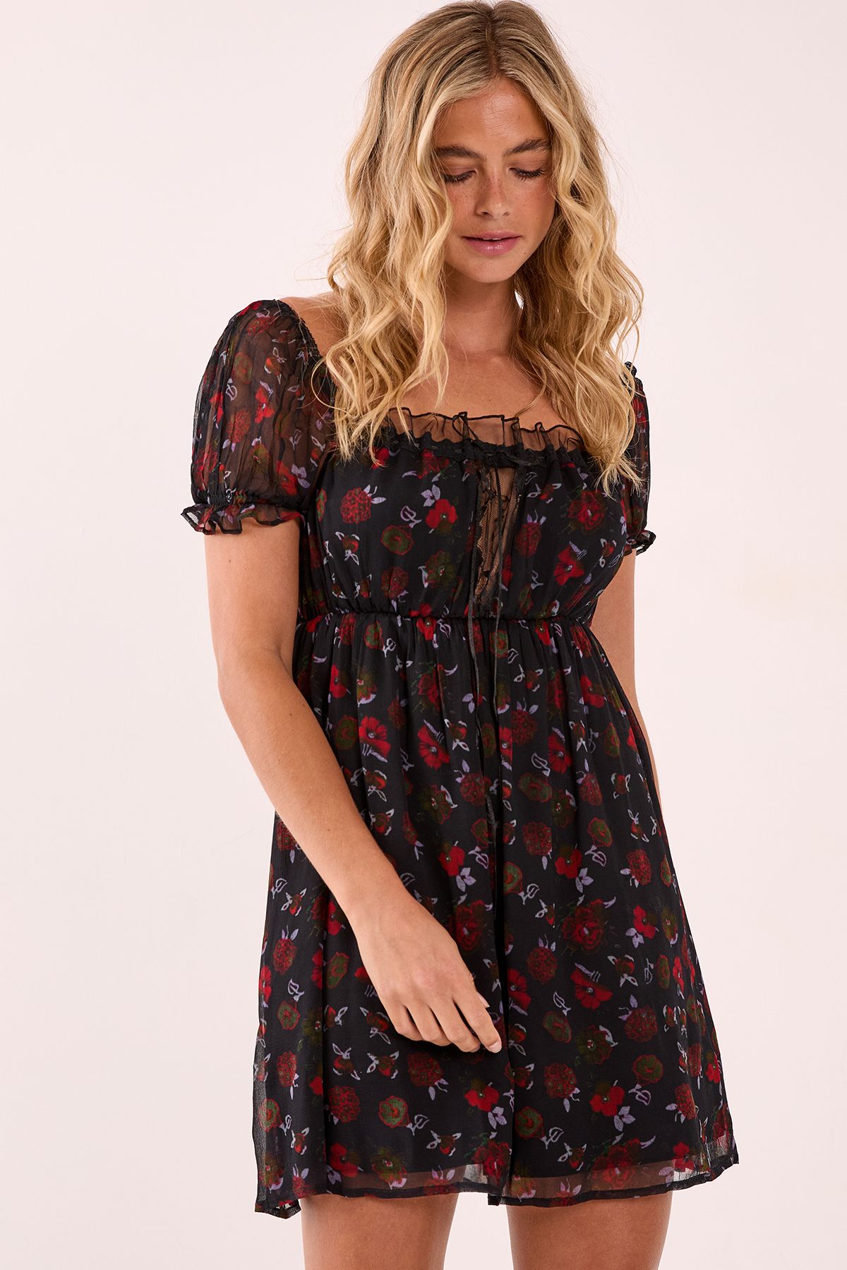 NastyGal Floral Lace Insert Ribbon Puff Sleeve Mini Dress Black image 2