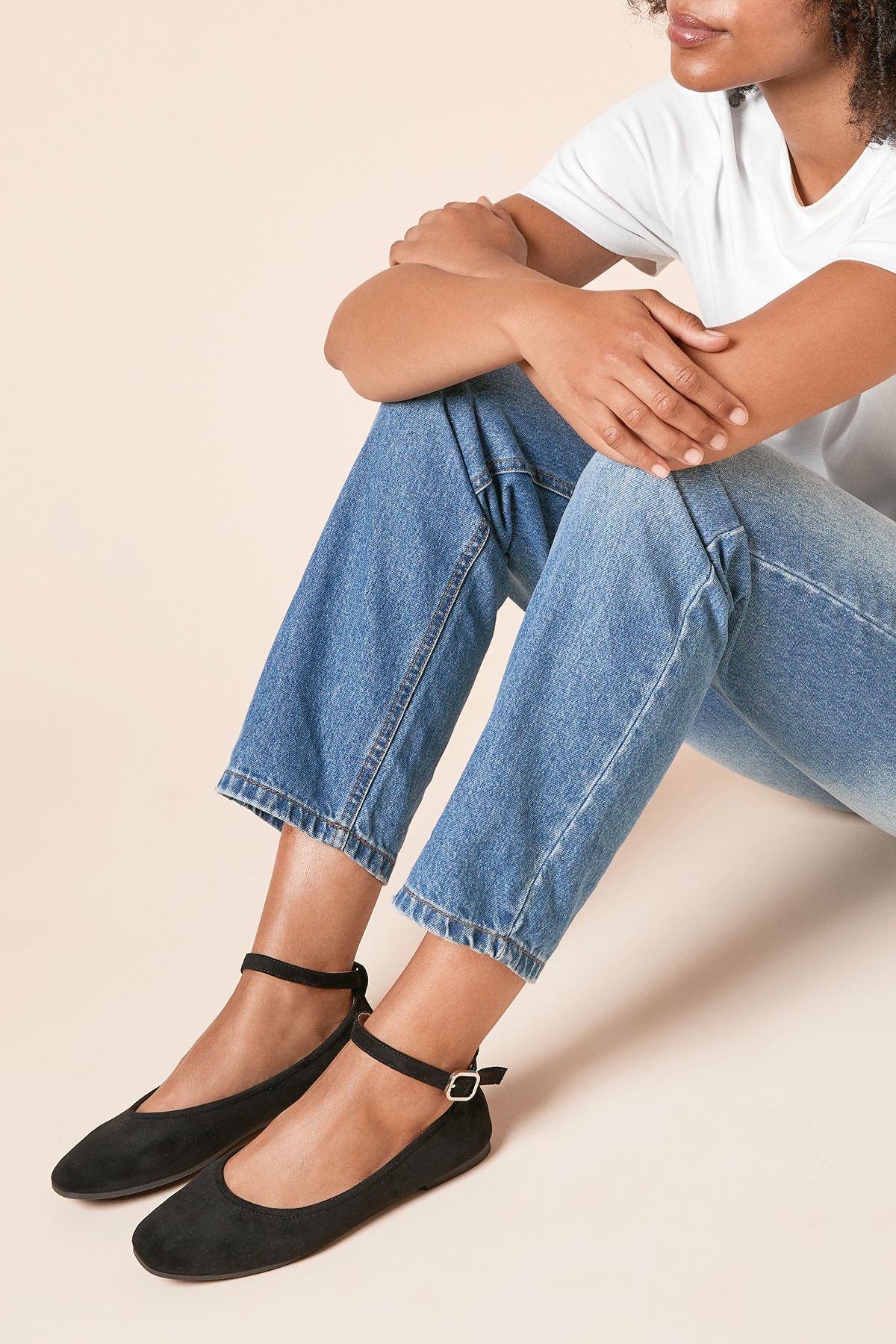 Dorothy Perkins Paula Faux Suede Square Toe Ankle Strap Ballet Pumps Natural Black image 2