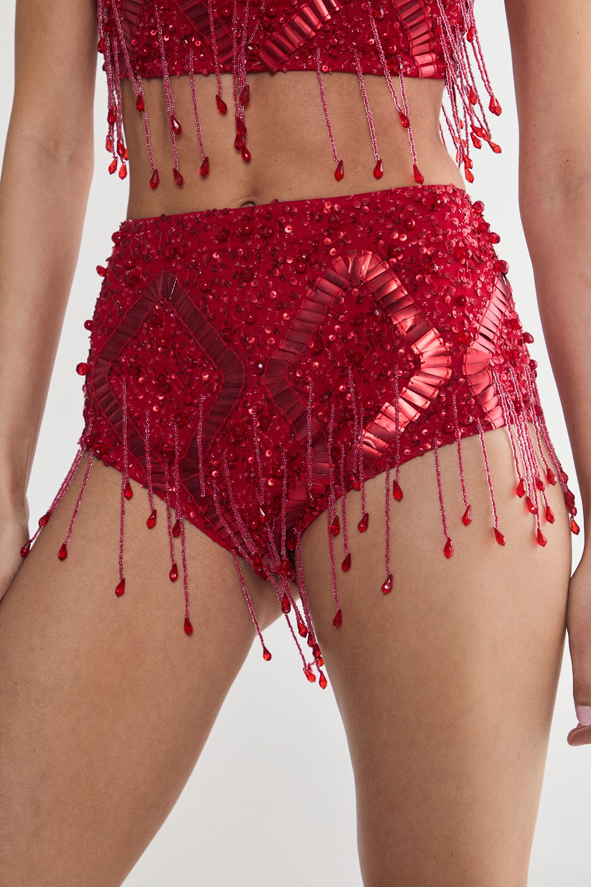 NastyGal Diamante Embellished Tassel Beaded Booty Shorts Red image 4