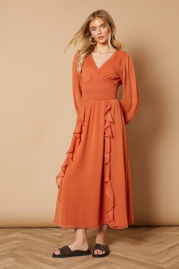 Oasis Plain Ruffle Detail Shirred Waist Midaxi Dress Ginger