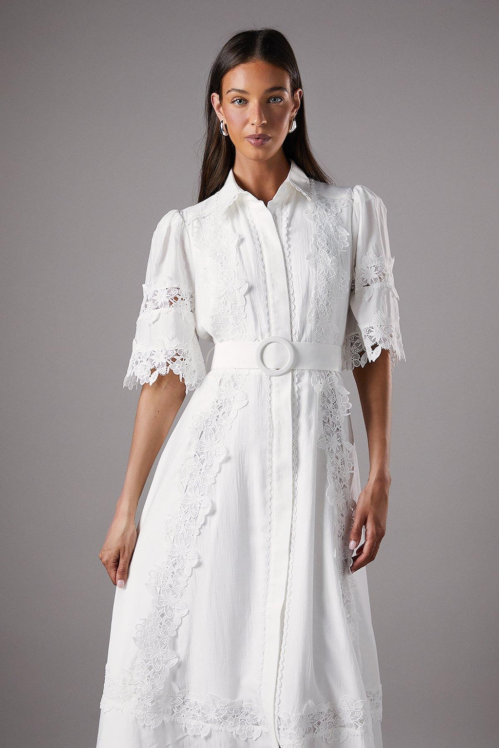 Gathered Bust Cascade Dress with Belt - Ivory main image 0