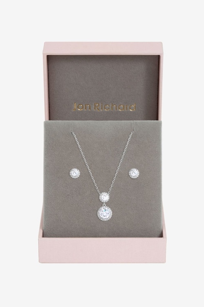 Jon Richard Rhodium Plated and Cubic Zirconia Double Halo Drop Set - Gift Box