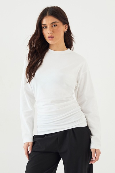 DSGN Studio DSGN Studio Ruched Side Long Sleeve Top White